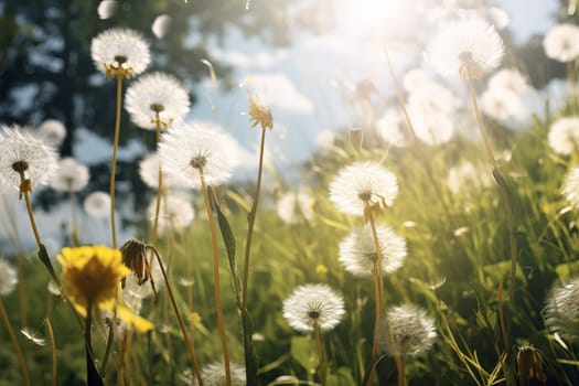 Meadow dandelions. Dandelion season plants. Generate Ai