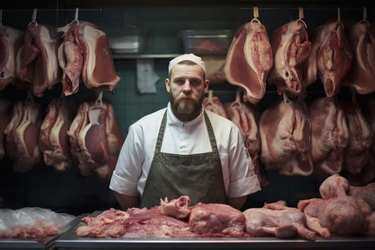 Refrigerated Meat shelves shop. Market food. Generate Ai