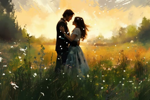 Picturesque Meadow couple art. Active care. Generate Ai