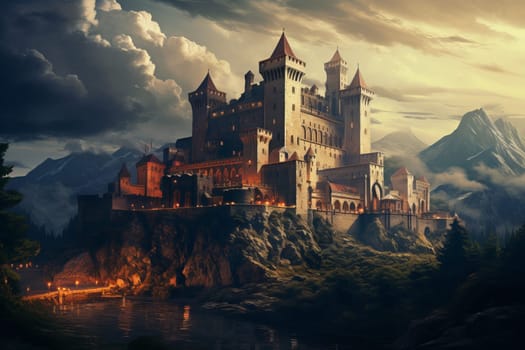Massive Medieval castle building. Forest old palace. Generate AI