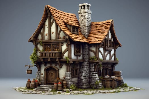 Antique Medieval house isometric illustration. Village town. Generate Ai