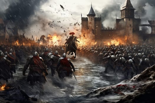 Ancient Medieval war castle. Gate battle. Generate Ai
