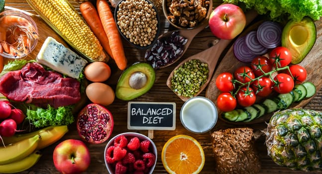 A variety of food products representing balanced diet