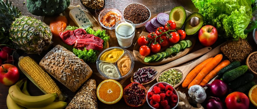 A variety of food products representing balanced diet