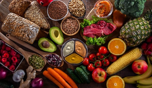 A variety of food products representing balanced diet
