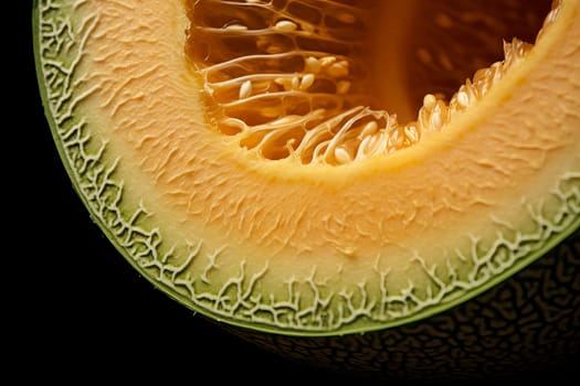 Juicy Melon half closeup. Fruit leaf ripe raw diet. Generate Ai