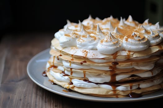 Fluffy Meringue cake. White cream. Generate Ai