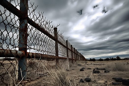 Sun-baked Usa mexico border view. Crossing metal barrier fence. Generate Ai