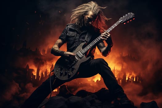 Heavy metal guitarist night. Cool air. Generate Ai