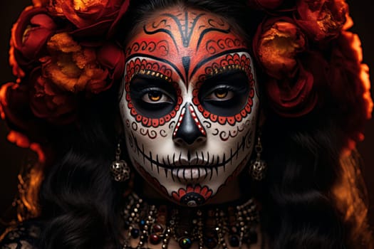 Expressive Dead day woman mexican face. Hair model. Generate Ai