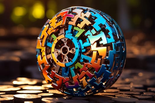 Metal colorful puzzle pieces on black background. Metallic luster jigsaw shapes on dark surface. Generate ai
