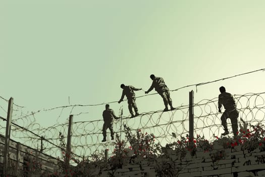 Migrants climb over border fence traffic. Wall police hands national guard. Generate Ai