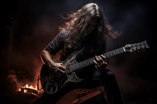 Electrifying Heavy metal guitarist night. Cool air. Generate Ai