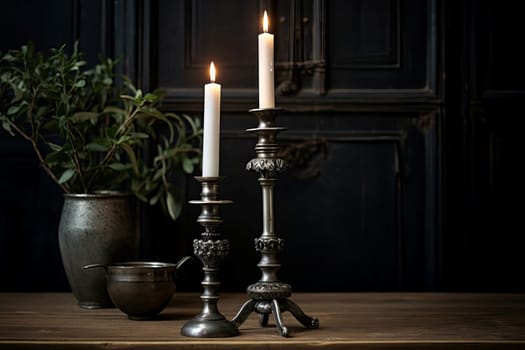 Ornate Metal vintage candlestick. Metal decorative art holder. Generate Ai