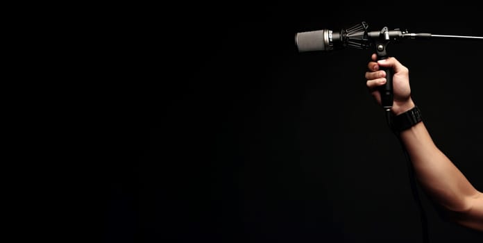 Microphone arm holding. Party audio speech sound singer. Generate Ai