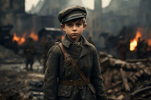 Military child boy ruined city. Night europe. Generate Ai