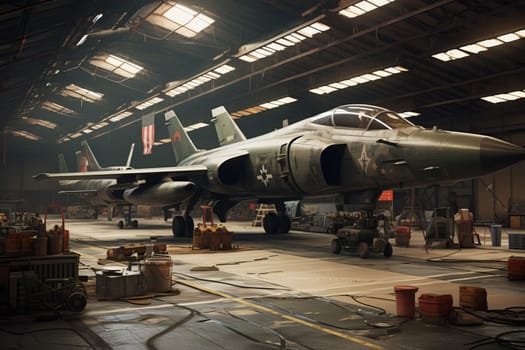 Sophisticated Military jet in hangar. Defense pilot. Generate Ai