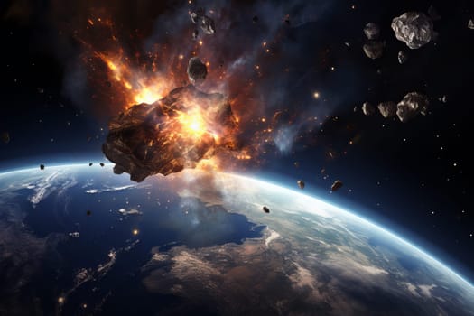 Meteors hit earth. Hit explosion globe. Generate Ai