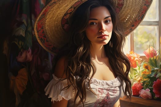 Happy mexican baby girl in summer hat. Cute smile. Generate Ai