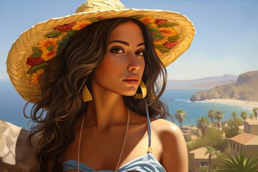 Joyful Happy mexican baby girl in summer hat. Cute smile. Generate Ai
