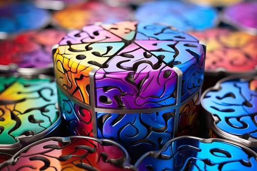Shiny Metal colorful puzzle pieces on black background. Metallic luster jigsaw shapes on dark surface. Generate ai