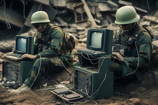Military team defuses computer technology. Military digital operation for enemy deactivation. Generate ai