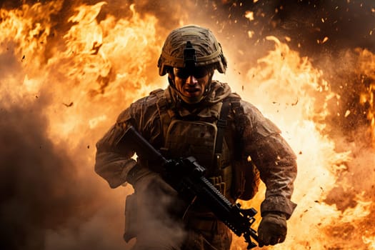 Fearless Military soldier in fire splashes. Warrior assault in flames. Generate Ai