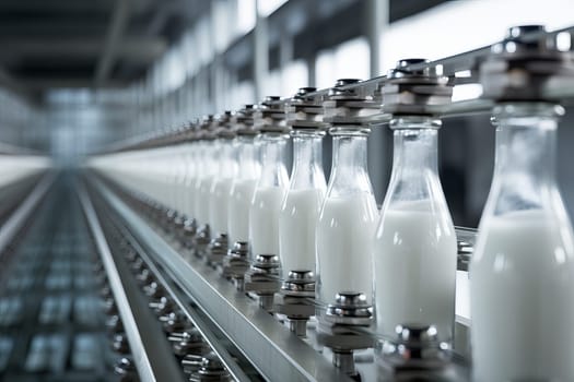 Automated Milk bottle conveyor. Factory line. Generate Ai