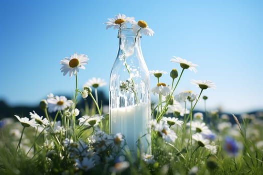 Milk in bottle flower. Glass drink dairy. Generate Ai