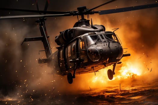 Military helicopter fire splash. Game aviation. Generate Ai