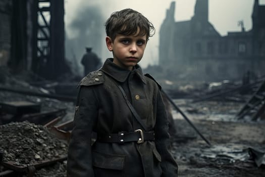 Resilient Military child boy ruined city. Night europe. Generate Ai