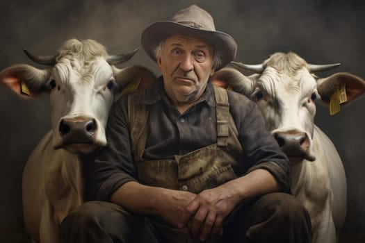 Milkmaid person bucket cows. Farm cow summer. Generate Ai