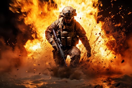 Military soldier in fire splashes. Warrior assault in flames. Generate Ai
