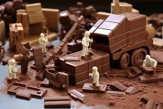 Miniature builders on chocolate bar macro food. Cocoa service cooking petite. Generate Ai