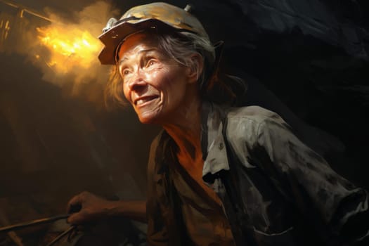 Stooped Miner old woman mine. Industrial activity. Generate Ai