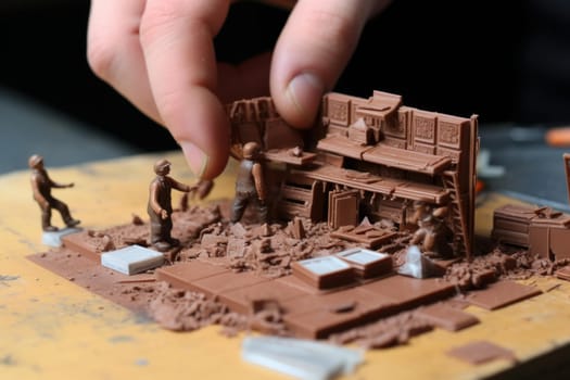 Imaginative Miniature builders on chocolate bar macro food. Cocoa service cooking petite. Generate Ai