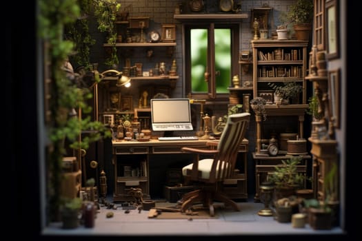 Compact Miniature office workspace. Computer work. Generate Ai