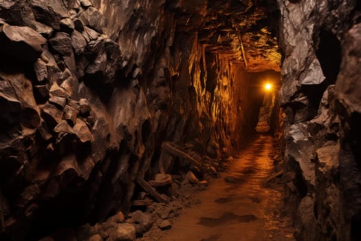 Mine tunnel cave railway. Rock dark mineral. Generate Ai