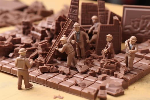 Intricate Miniature builders on chocolate bar macro food. Cocoa service cooking petite. Generate Ai