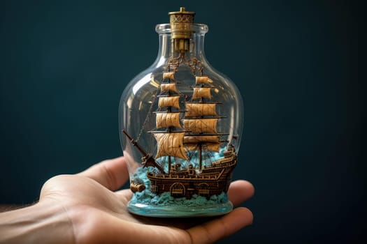 Intricate Miniature ship bottle. Travel holiday. Generate Ai