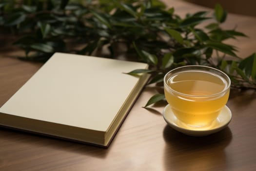 Structured Book tea composition home. Student drink. Generate Ai