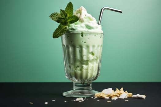 Fresh Mint leaves on milkshake glasses. Sweet dairy party dessert. Generate Ai
