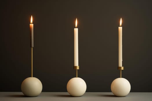 Minimalist eucalyptus table burning candles. House interior trendy decor. Generate Ai