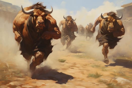 Minotaur myth illustration running battle. Fairy rage legend satanic. Generate Ai