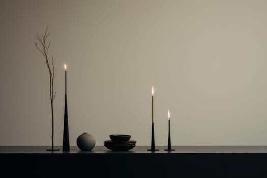 Simplistic Minimalist eucalyptus table burning candles. House interior trendy decor. Generate Ai