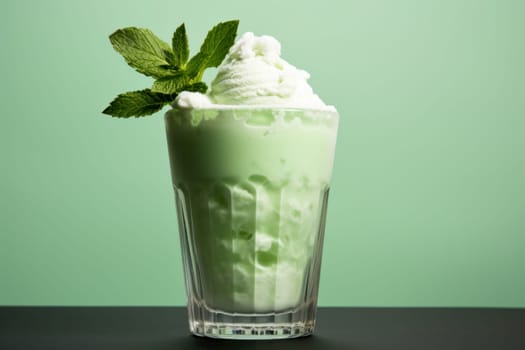 Vibrant Mint leaves on milkshake glasses. Sweet dairy party dessert. Generate Ai