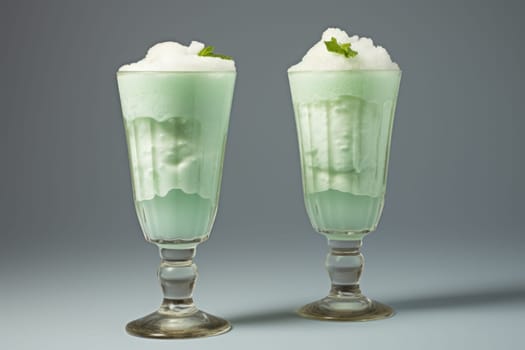 Refreshing Mint milkshake glasses. Summer fruit drink cocktail leaf. Generate Ai