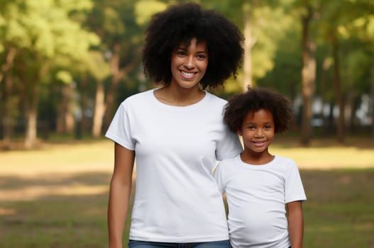 Black mom wearing white with kid. Love african. Fictional person. Generate Ai