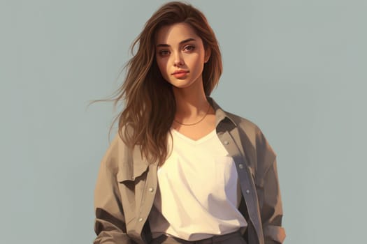 Sophisticated Model girl wearing casual outfit. Female fashionable character posing on city street. Generate ai