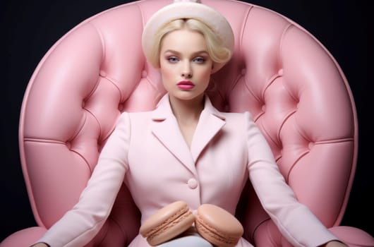 Model sitting macaroon. Pink sweet. Generate Ai